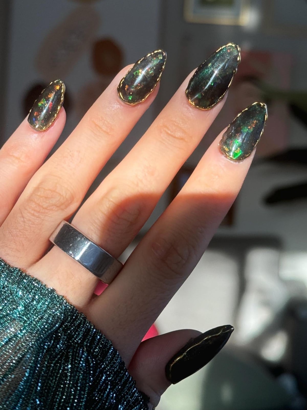 Short Pointed Black Opal Iridescent Chrome Gold Foil Nails — Iridescent Nails