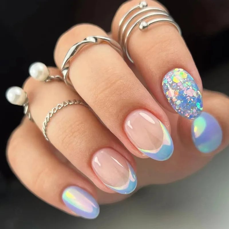 Short Oval French Iridescent Blue Tips Glitter Accent Nails — Iridescent Nails