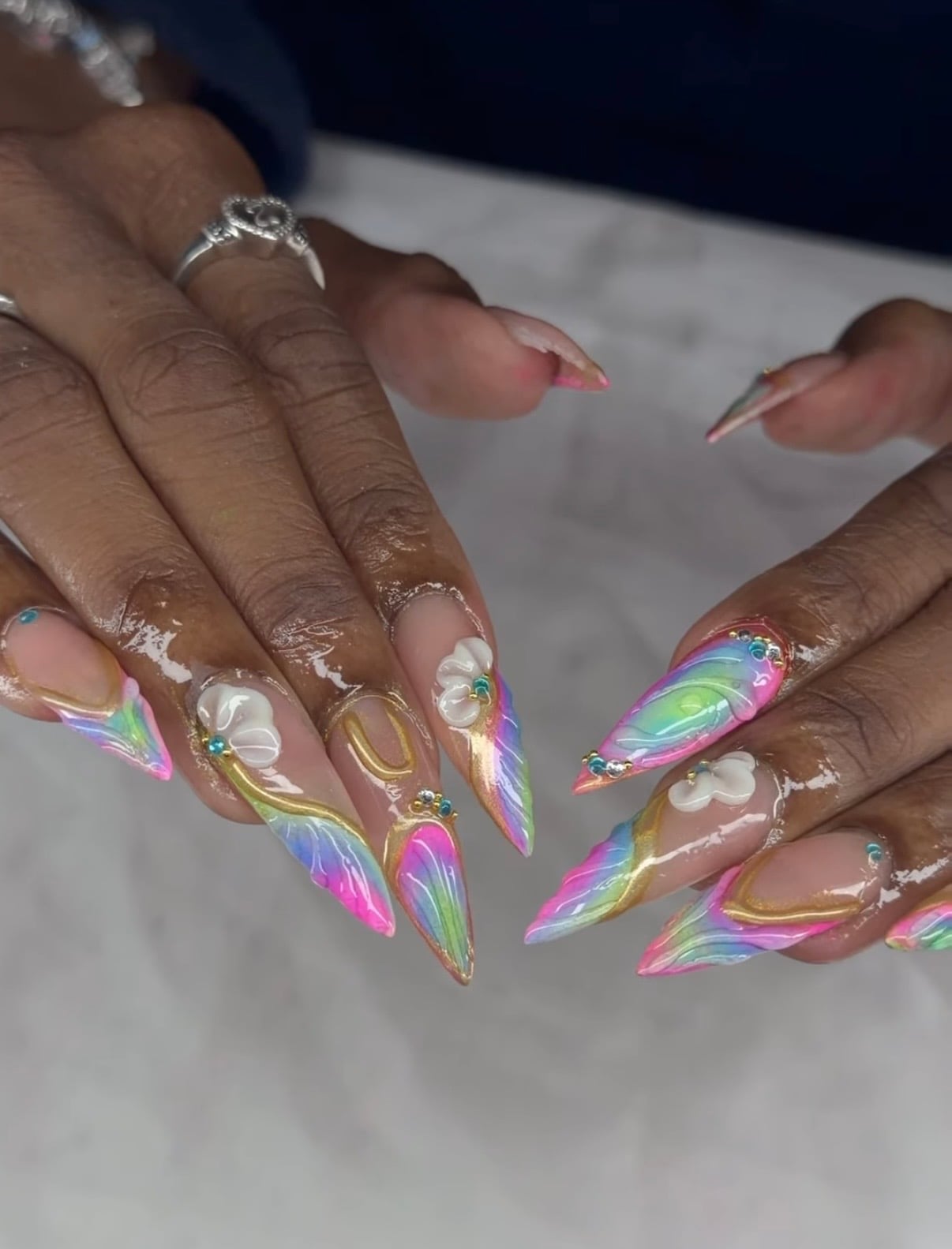 Short Almond White Pink Blue Chrome Mirror Nails — Iridescent Nails