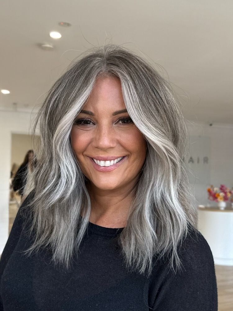 Collarbone Layers With Blended Gray Highlights — Trendy Grey Highlights