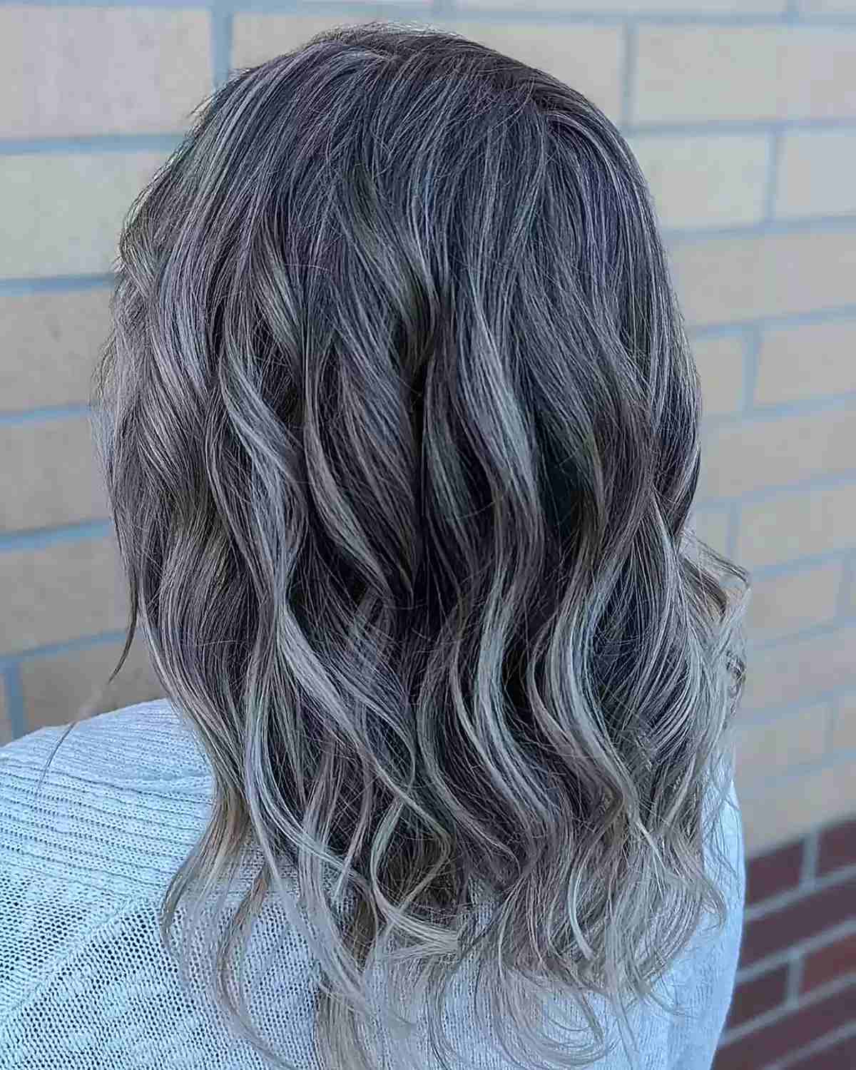 Collarbone Dark Base Gray Ash Blonde Highlights — Trendy Grey Highlights