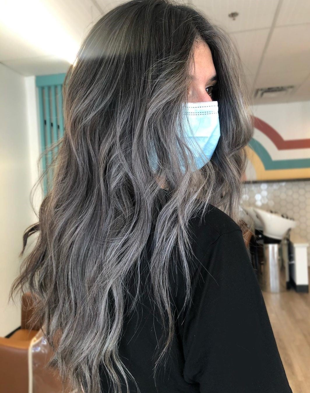 Mid-Back Ash Gray With Highlights Blowout — Trendy Grey Highlights