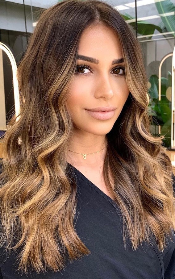 Mid-Back Caramel Balayage With Soft Layers — Light Brown Balayage Ideas