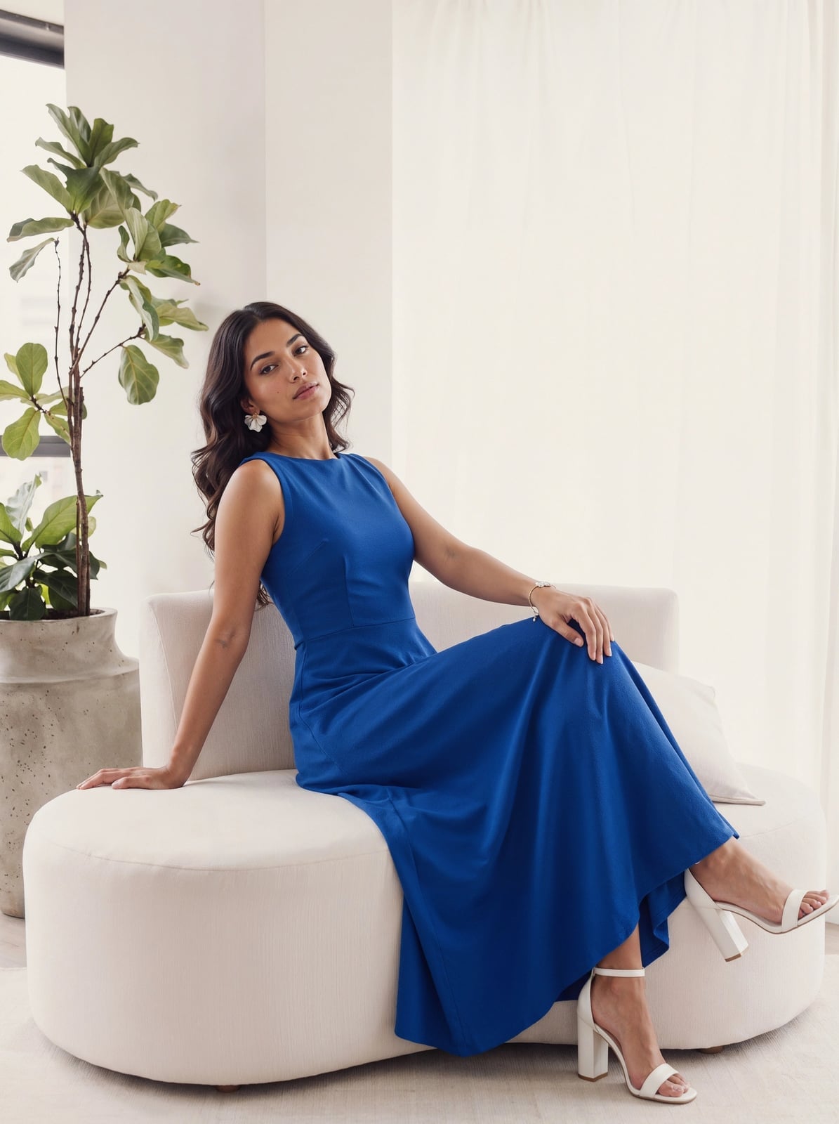A-line Royal Blue Sleeveless Maxi Dress With White Block Heels — Trendy Royal Blue Outfits
