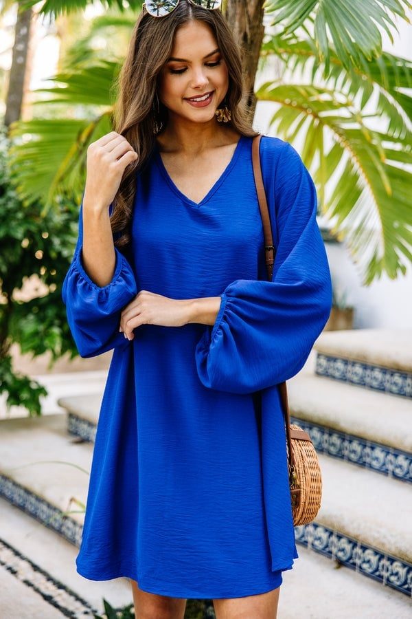 Royal Blue Textured Dress with Bubble Sleeves — Trendy Royal Blue Outfits