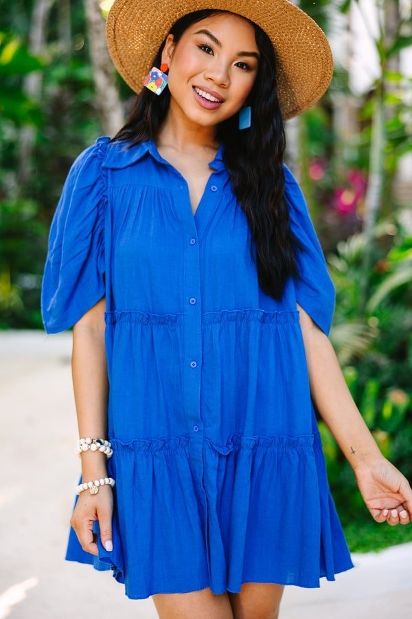 Royal Blue Collared Babydoll Dress with Ruffles and Lightweight Woven — Trendy Royal Blue Outfits