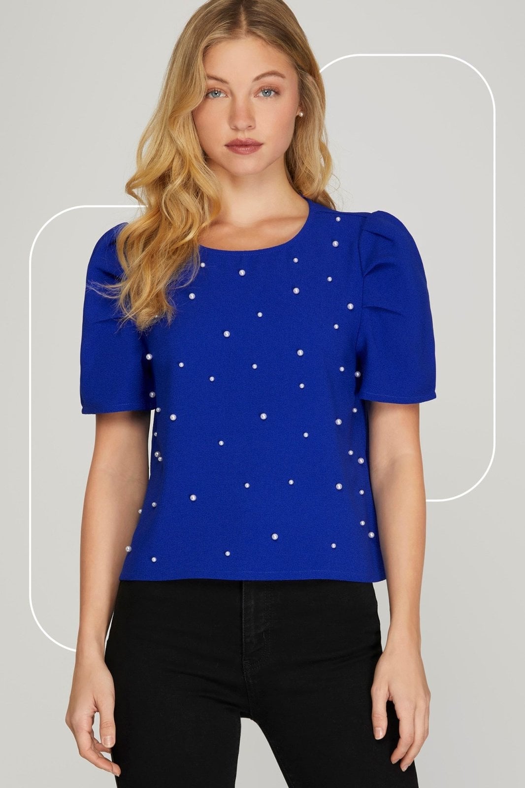 Royal Blue Top with Pearl Embellishments, Close-Up Take — Trendy Royal Blue Outfits