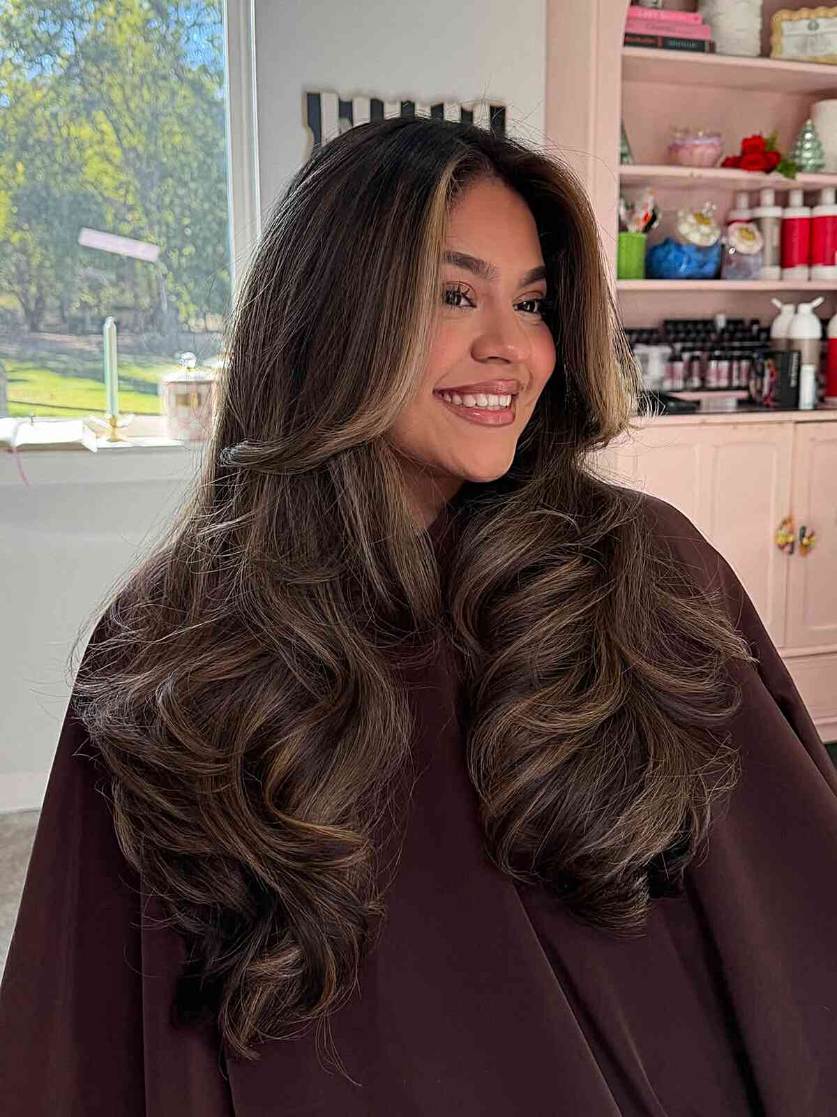 Chocolate Brown With Caramel Balayage And Curtain Bangs — Trendy Chocolate Balayage