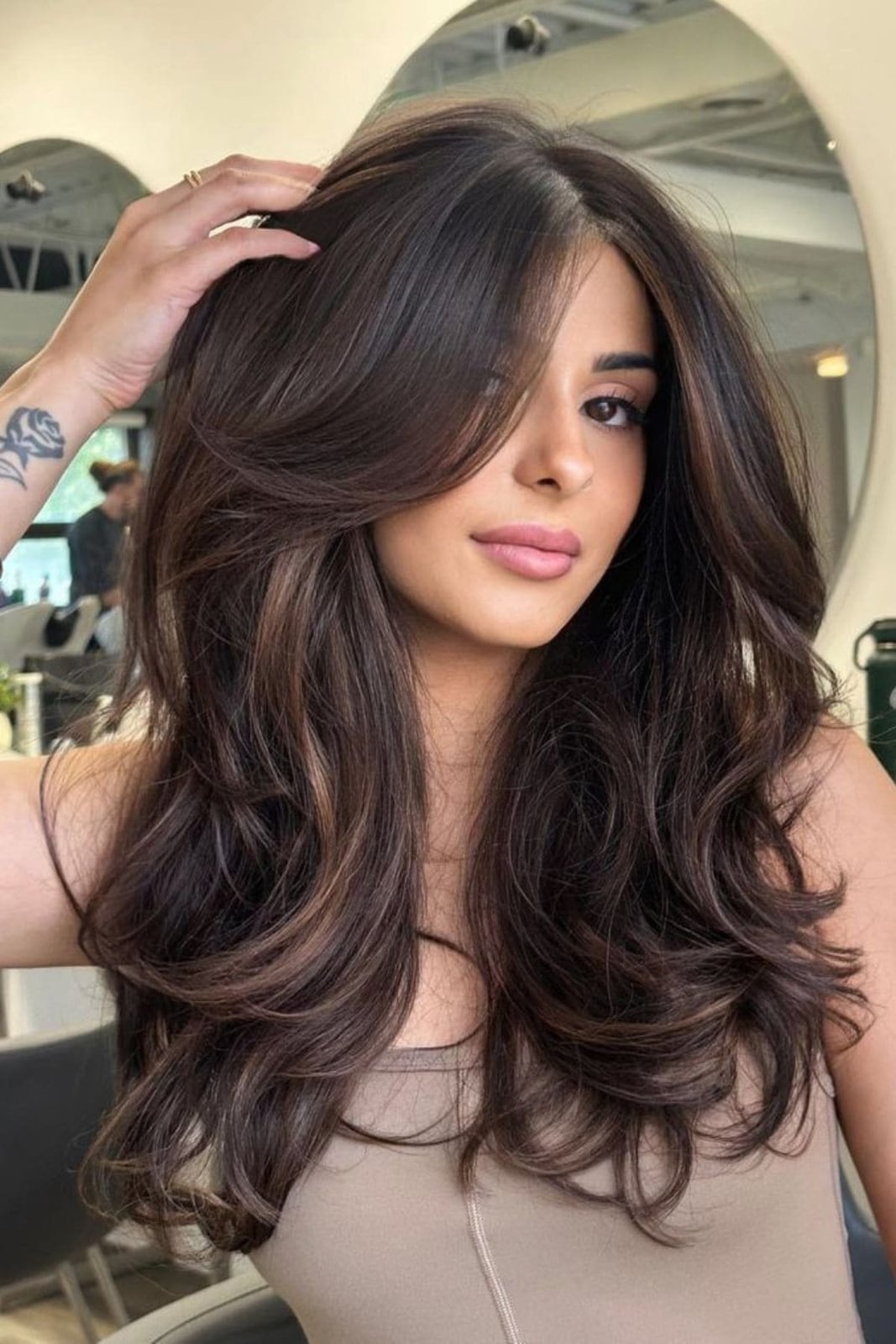 Collarbone Lob With Chocolate Balayage And Curtain Bangs — Trendy Chocolate Balayage