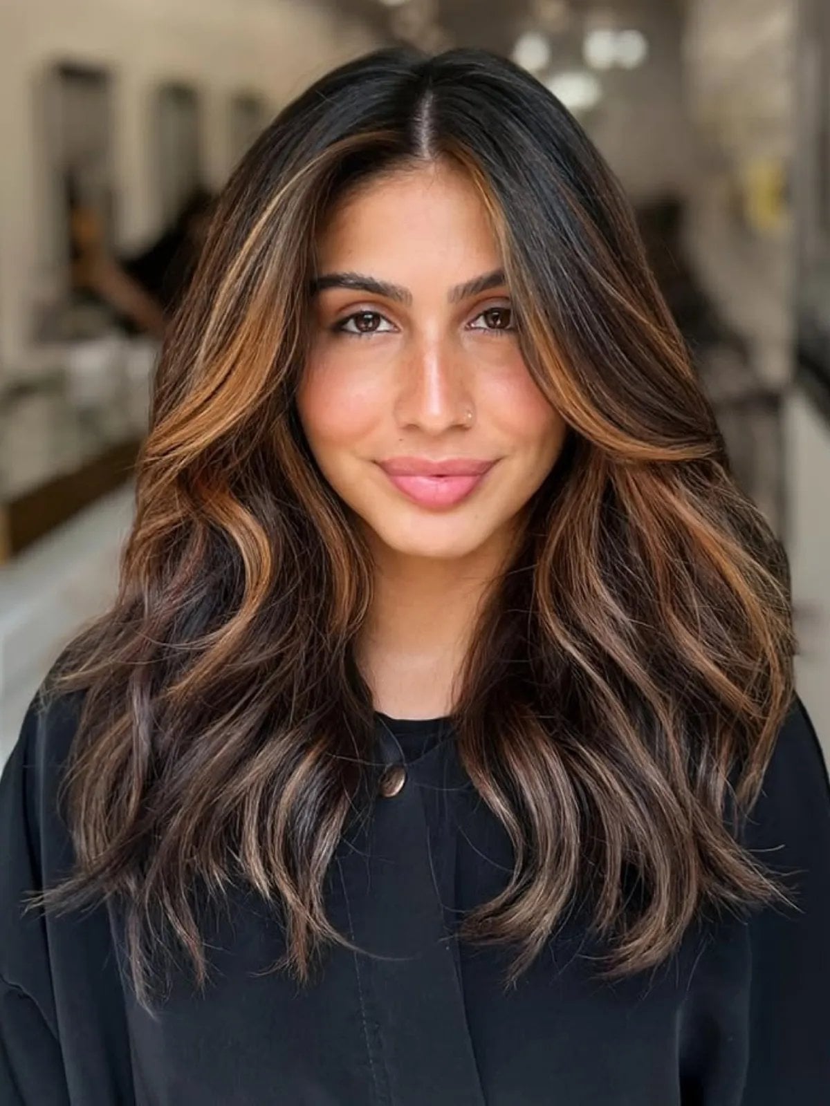 Chocolate Brown Collarbone Lob With Blonde Balayage — Trendy Chocolate Balayage