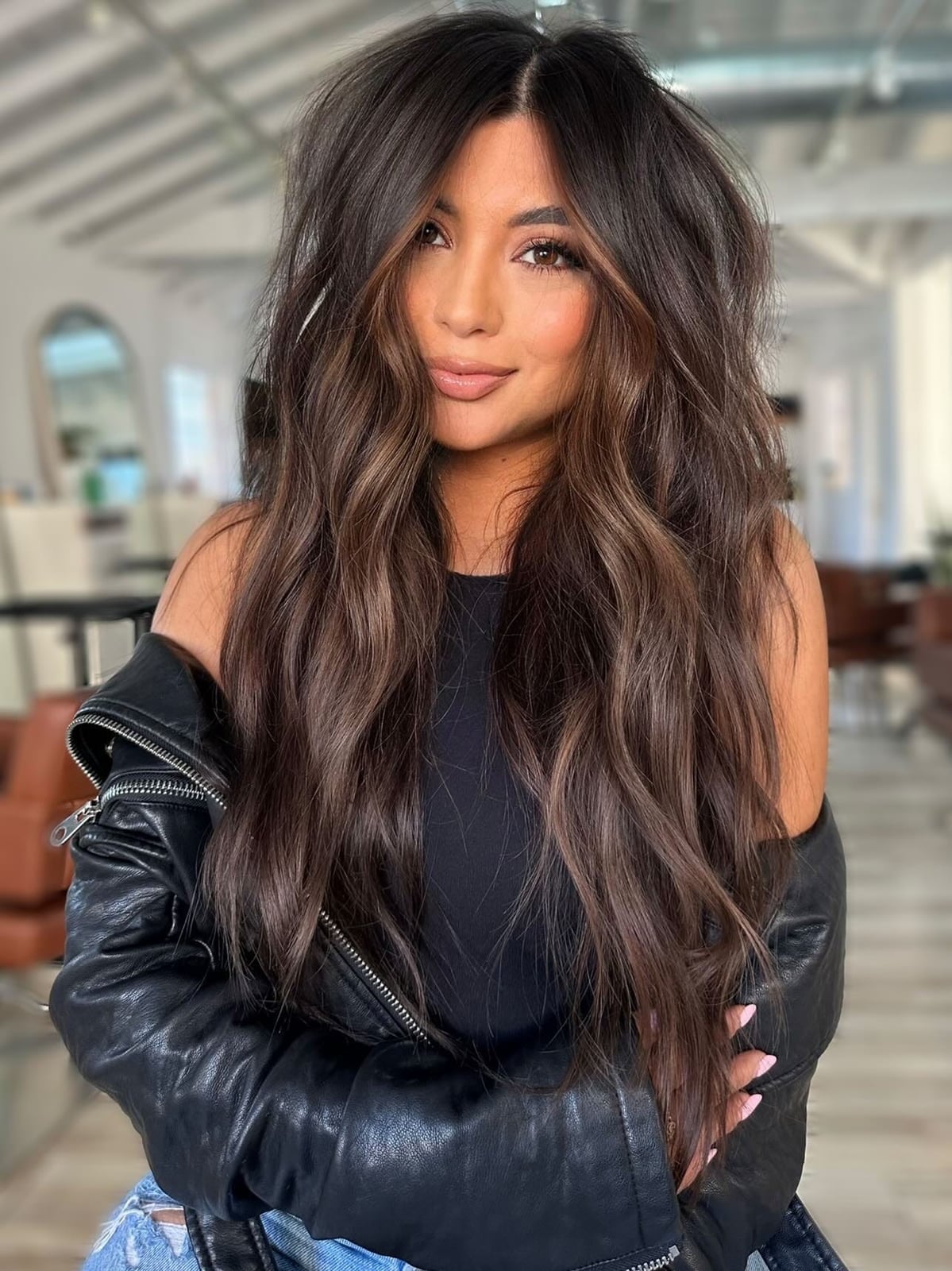 Dark Chocolate With Ash Blonde Balayage And Wispy Bangs — Trendy Chocolate Balayage