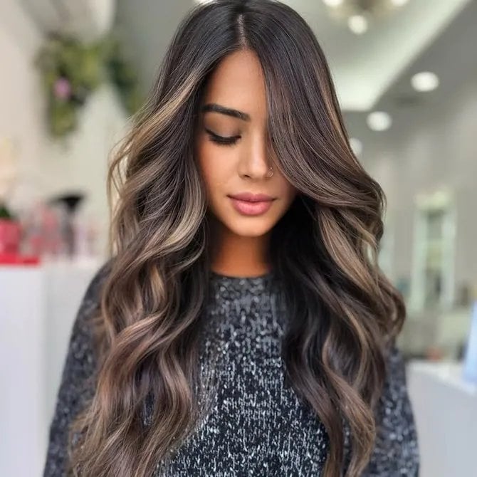 Chocolate Base With Ash Blonde Balayage And Curtain Bangs — Trendy Chocolate Balayage