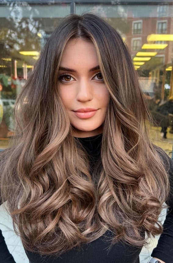 Long Mocha Brown With Lighter Brown Balayage — Trendy Chocolate Balayage