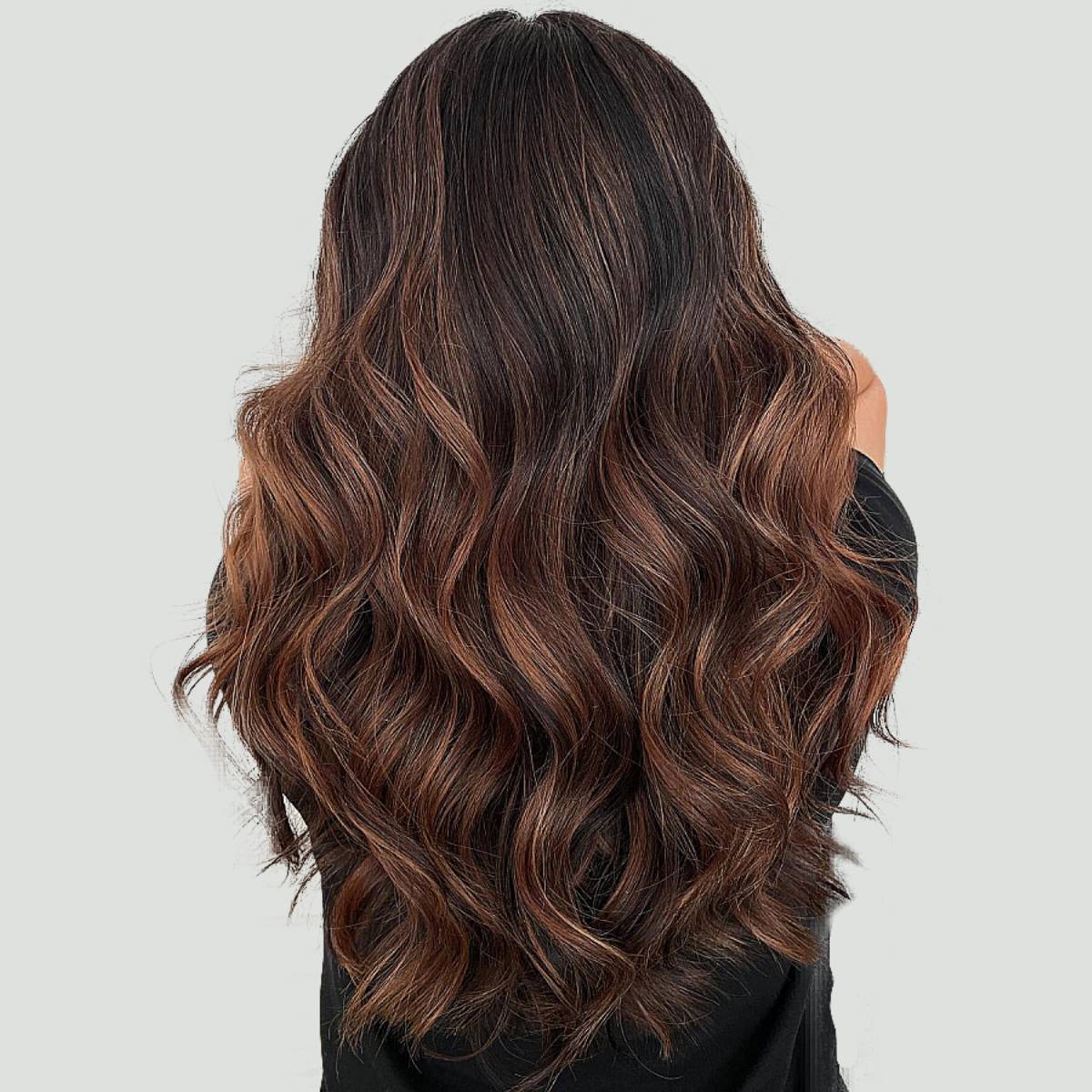 Long Chocolate With Warm Brown Balayage Highlights — Trendy Chocolate Balayage