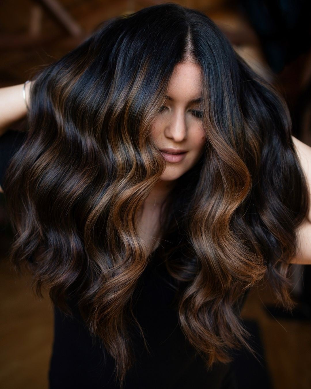 Mid-Back Dark Brown With Caramel Balayage, Layers — Trendy Chocolate Balayage